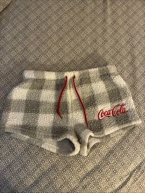 Coca Cola Women's Gray Plaid Sherpa Shorts with Red Drawstring